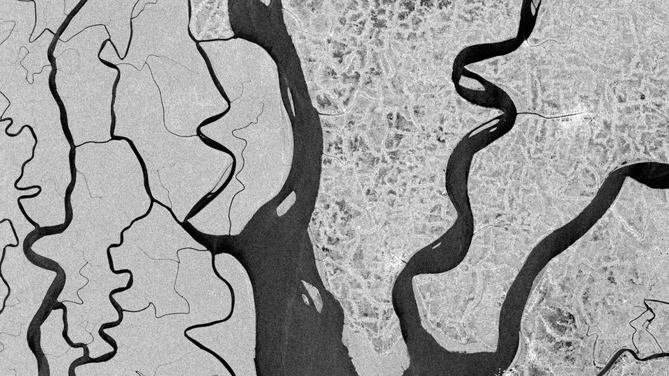 Black-and-white radar satellite image showing dark winding tidal waterways and bright textured mangrove islands in the Sundarbans delta.